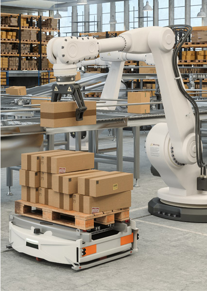 Autmated robots loading boxes for shipment
